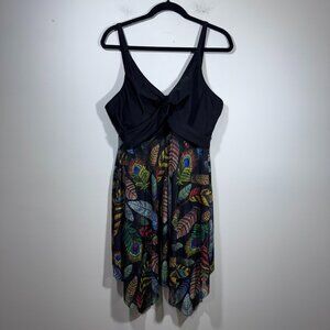 Scarlet Darkness Women's Tankini Top Size 2XL Sheer Asymmetrical Feather Print
